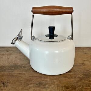 Vintage Chantal “Sven” White Enamel Whistling Tea Kettle | Scandinavian Modern